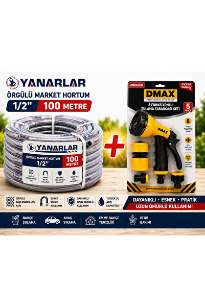 YANARLAR 100 Metre Örgülü Bahçe Hortumu 1/2" + 5’li 8 Fonksiyonlu Ayarlanabil...