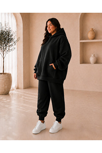 PENTHİLUS Women's Plus Size Oversize Hoodie Black Rubber Cuff Sweatpants Set ...
