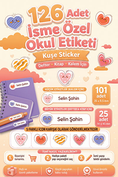 tifopix 126 Adet İsime Özel Okul Etiketi Seti Renkli Kalpler Temalı Defter Ki...