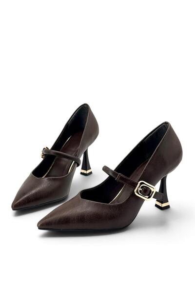 besoin shoes store Buckle Detailed Matte Leather Thin Heeled Shoes Stiletto Light Brown 9 cm