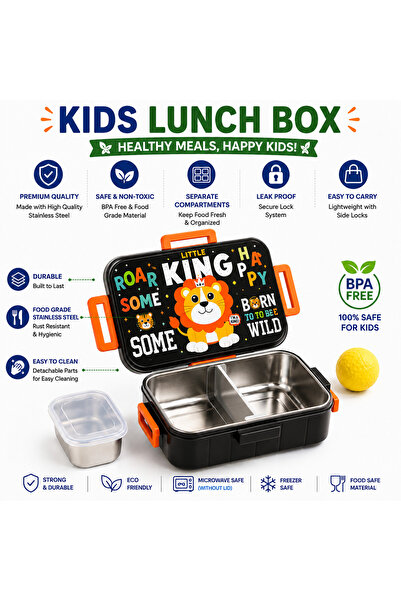Twisoo Cartoon Print Bento Lunch Box Stainless Steel Tiffin Box with Partition, Leakproof Square Buckle Design 600ml Container + 100ml Steel Bowl