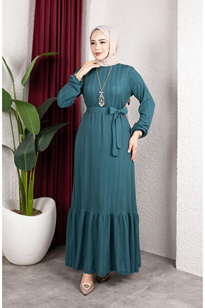 sefamerve Bürümcük Fabric Striped Belted Hijab Dress 0908-04 Petrol