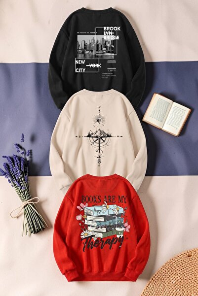 uyguntarz Unisex Mixed Printed Crew Neck Sweatshirt Set – Pack of 3
