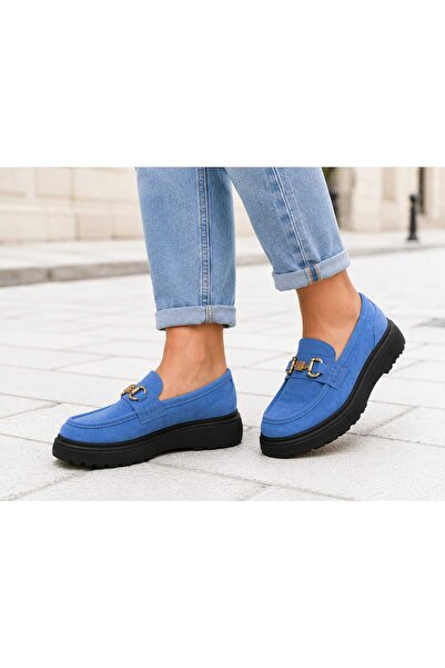 Oneka Shoes Kadın Günlük Loafer Mavi süet taş tokalı 220826KLMBTS1217