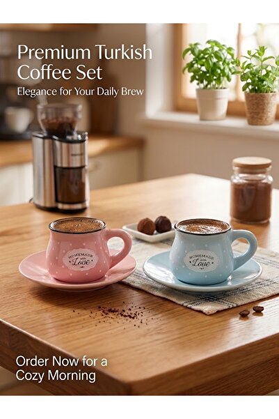 Elista Homemade with Love 2-Person Pastel Color Porcelain / Ceramic Turkish C...