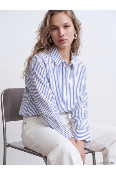 LC Waikiki Two Mt Shop Quality Striped Oversize Poplin Women's Shirt