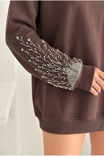 FEMELLE Brown Sleeves with Bead and Stone Embroidery, 100% Cotton Sweatshirt