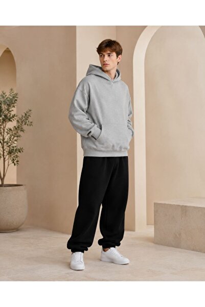 ZEMLİYA Oversize Gray Hoodie Black Jogger Pants 2-Piece Tracksuit Set