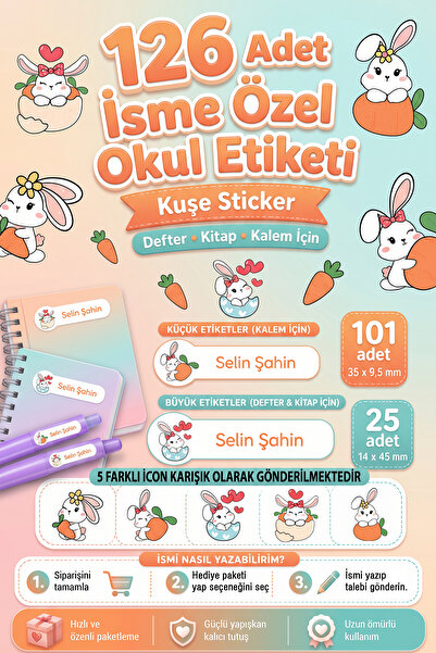 tifopix 126 Adet İsime Özel Okul Etiketi Seti RABBITON Temalı Defter Kitap ve...