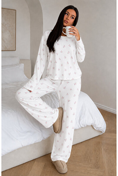 ÖZ PAMUK Women's Long Sleeve Report Fabric Embellished Soft Pajama Set – Rela...