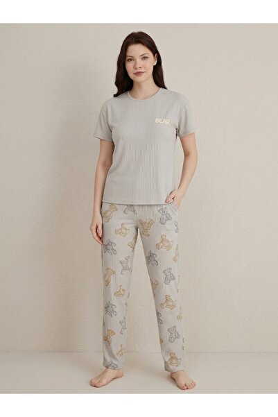 gri ayıcık desenli alt üst pijama takımı
