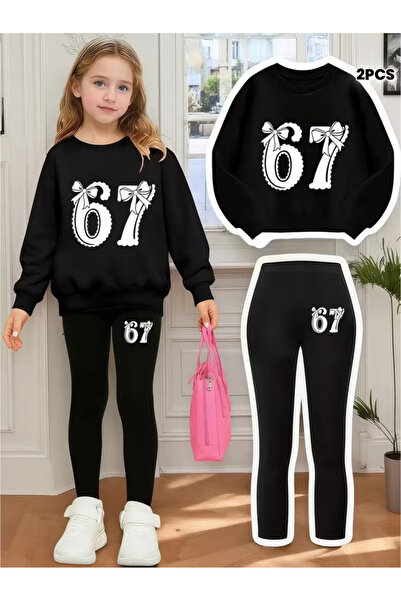 Cevval Girl's Crew Neck Sweatshirt and Leggings Set