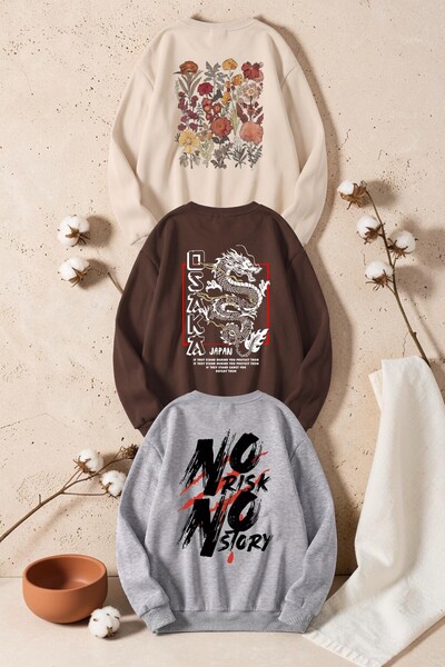 uyguntarz Unisex Mixed Printed Crew Neck Sweatshirt Set – Pack of 3