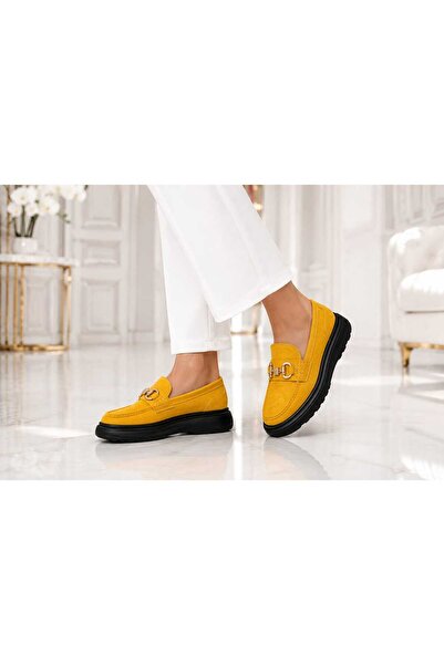Oneka Shoes Kadın Günlük Loafer Sarı süet taş tokalı 220826KLSS1309