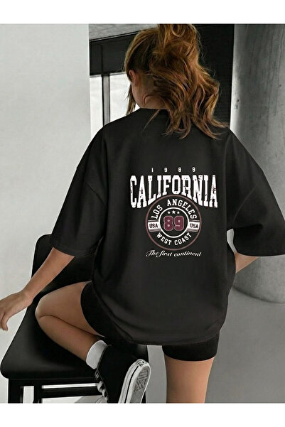 Flubutik Tricou negru Calif89 cu imprimeu pentru femei, croială lejeră