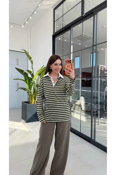 elif teke Side Striped Buttoned Polo Collar Blouse Green