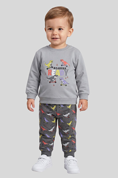 ww waka waka kids store Boys' Gray Scooter Dinosaur Printed Sweatshirt and Sw...
