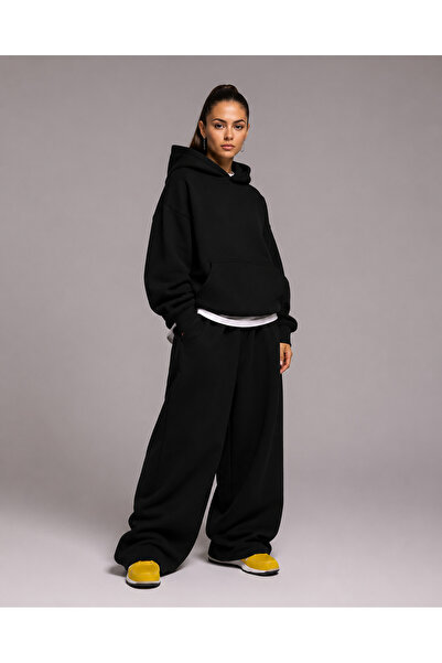 Joetsu Unisex Black 3 Thread Oversize Hooded Sweatshirt and Baggy Wide Leg Sw...