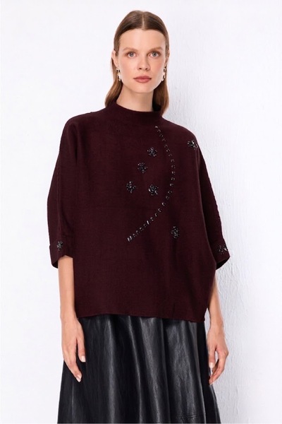 ON TRİKO Bead Embroidered Half Sleeve Knitwear Sweater 10309
