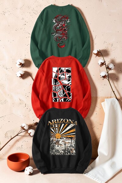 uyguntarz Unisex Mixed Printed Crew Neck Sweatshirt Set – Pack of 3