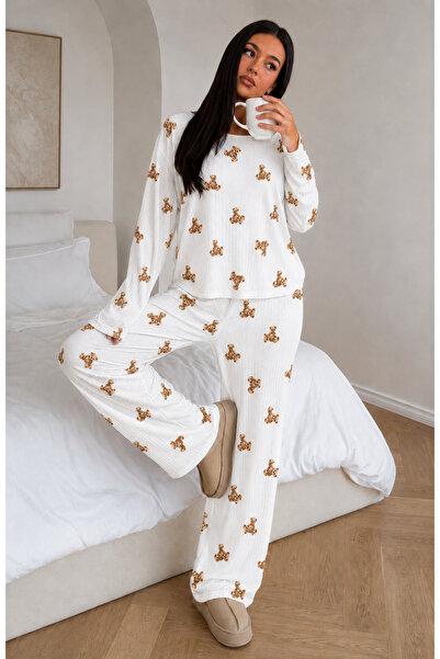ÖZ PAMUK Set de pijamale SOFT din țesătură cu mâneci lungi pentru femei – Set cu croială relaxată, cu decolteu rotund, pentru partea inferioară și superioară