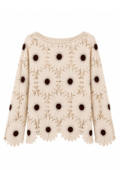 Retrobird Mabel Floral Motif Openwork Crochet Sweater Women's Cream - Brown