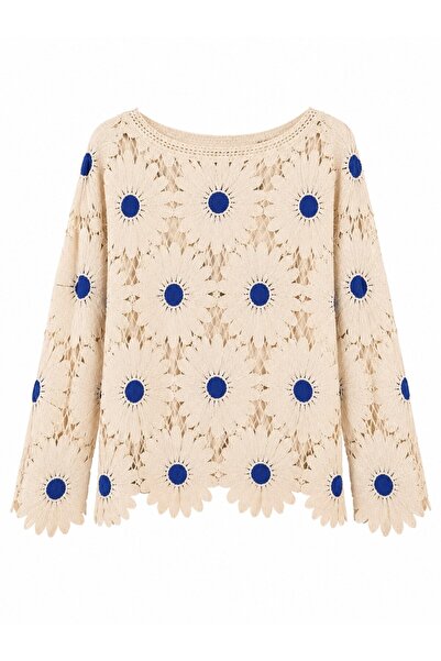 Retrobird Mabel Floral Motif Openwork Crochet Sweater Women's Cream - Blue