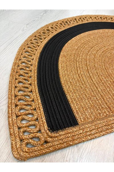 MaVaux Elvera Decorative Wicker Door Mat, Bohemian Weave Design, Black Detail, Half Moon Model, Stylish and Modern Home Decor, Natural Jute Look, Decorative Mat for Hallways and Entryways
