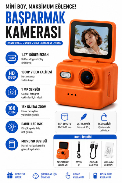 beemen M01 Retro Mini Dijital Kamera 1080P Video 1.47 İnç 180° Açılır Ekran 16X Dijital Zoom LED Işık Selfie Vlog Kamera