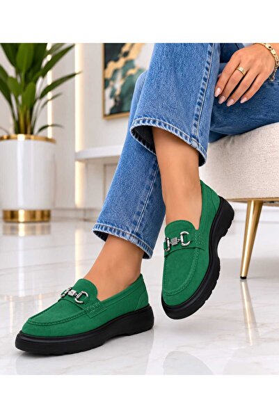 Oneka Shoes Kadın Günlük Loafer Zümrüt Yeşili süet taş tokalı 220826KLZYS1255