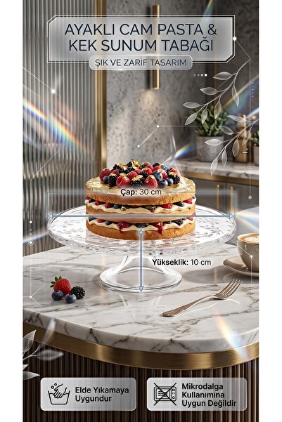 RİVO HOME DECOR Şık Tasarımlı Ayaklı Cam Sunum Tabağı Pasta Kek Standı 30x10 cm