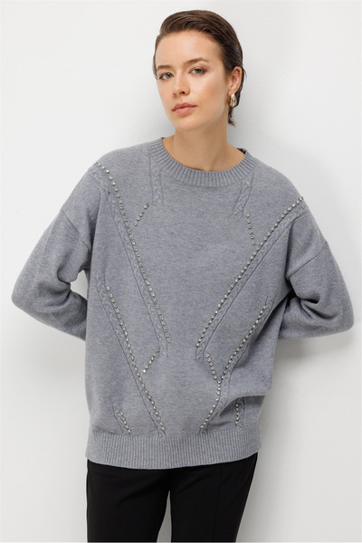 ON TRİKO Stone Embroidered Knitwear Sweater 10321