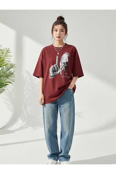 Flubutik Bordo Rock the World Printed Loose Fit Cotton T-Shirt