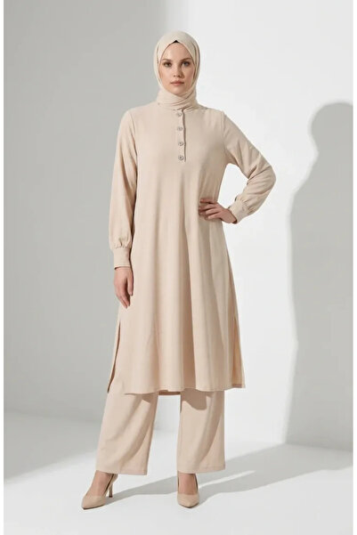 sefamerve Aerobin Fabric Button Detailed Hijab Double Set 4150-03 Beige