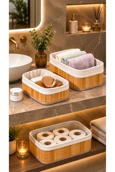 LUCKY CLOVER 3-Piece Bamboo Basket Set, Decorative Organizer with Fabric Lining, Bathroom Kitchen Storage Basket