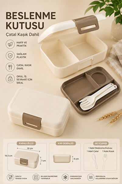 MAKRİ HOME Compartmented Lunch Box with Fork and Spoon Set, Cream, 19 X 14.5 ...