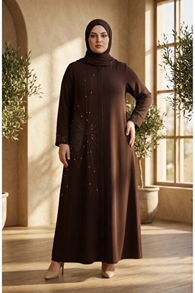sefamerve Large Size Hidden Zipper Stone Embroidered Robe 6388-03 Brown