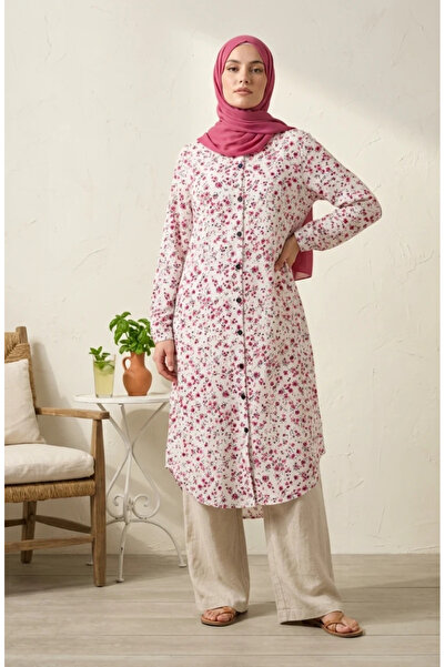 sefamerve Shirt Collar Buttoned Daisy Patterned Tunic 0355-07 Stone
