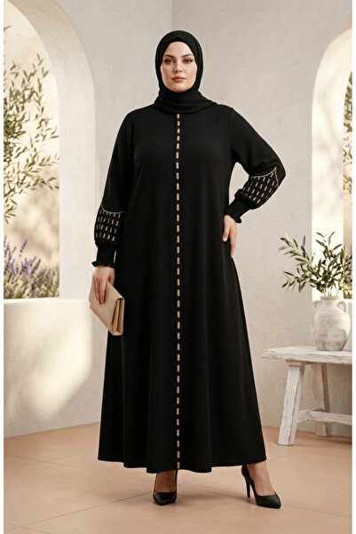 sefamerve Large Size Embroidery Detailed Rabia Crepe Ferace 6391-04 Black