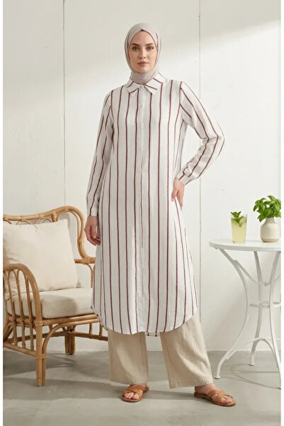 sefamerve Shirt Collar Striped Linen Long Tunic 0354-07 Claret Red