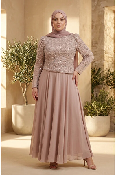 sefamerve Plus Size Sequined Chiffon Hijab Evening Dress 6380-02 Beige