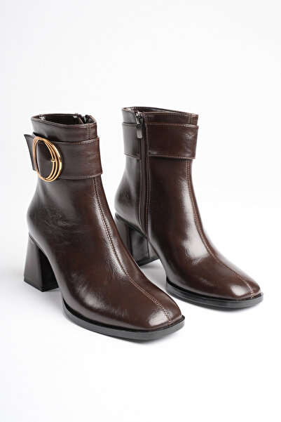 Griffa Shoes Women's Bitter Brown Buckle-Strapped Thick-Heeled Square-Toe Boo...