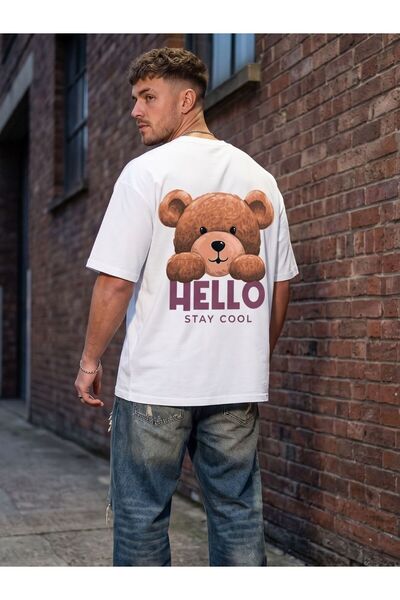 Flubutik White Hello Stay Cool Printed Loose Fit Cotton T-Shirt