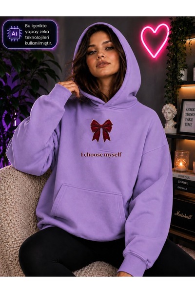 caddekombin Women's Red Bow Printed I Choose Myself Written Hooded Kangaroo P...
