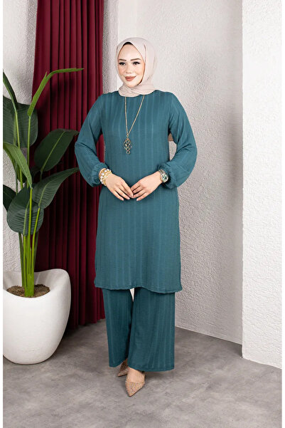 sefamerve Bürümcük Fabric Striped Tunic Pants Hijab Two-Piece Set 0915-03 Petrol