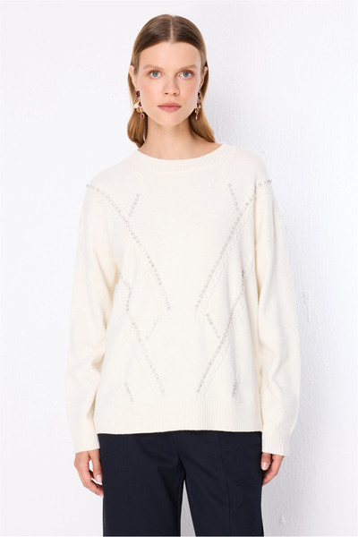 ON TRİKO Stone Embroidered Knitwear Sweater 10321