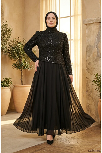 sefamerve Plus Size Sequined Chiffon Hijab Evening Dress 6380-01 Black