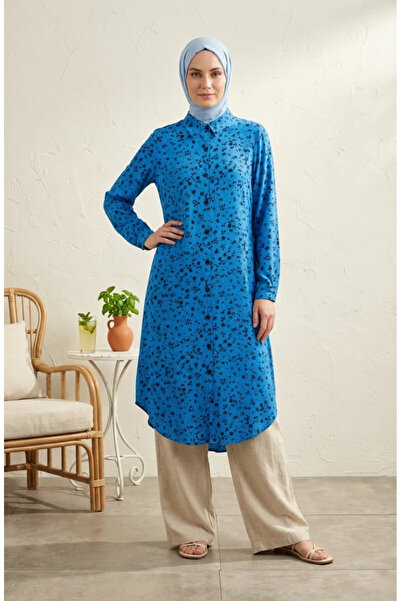sefamerve Shirt Collar Buttoned Daisy Patterned Tunic 0355-03 Indigo