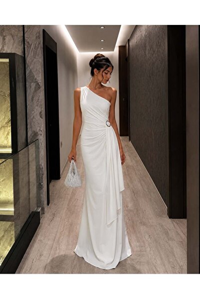 INFİVENTO Women's Modern One-Shoulder One-Sleeve Long Dress