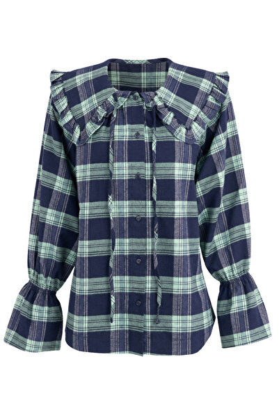 Sezgi Tekin Baby Collar Navy Blue-Green Plaid Shirt